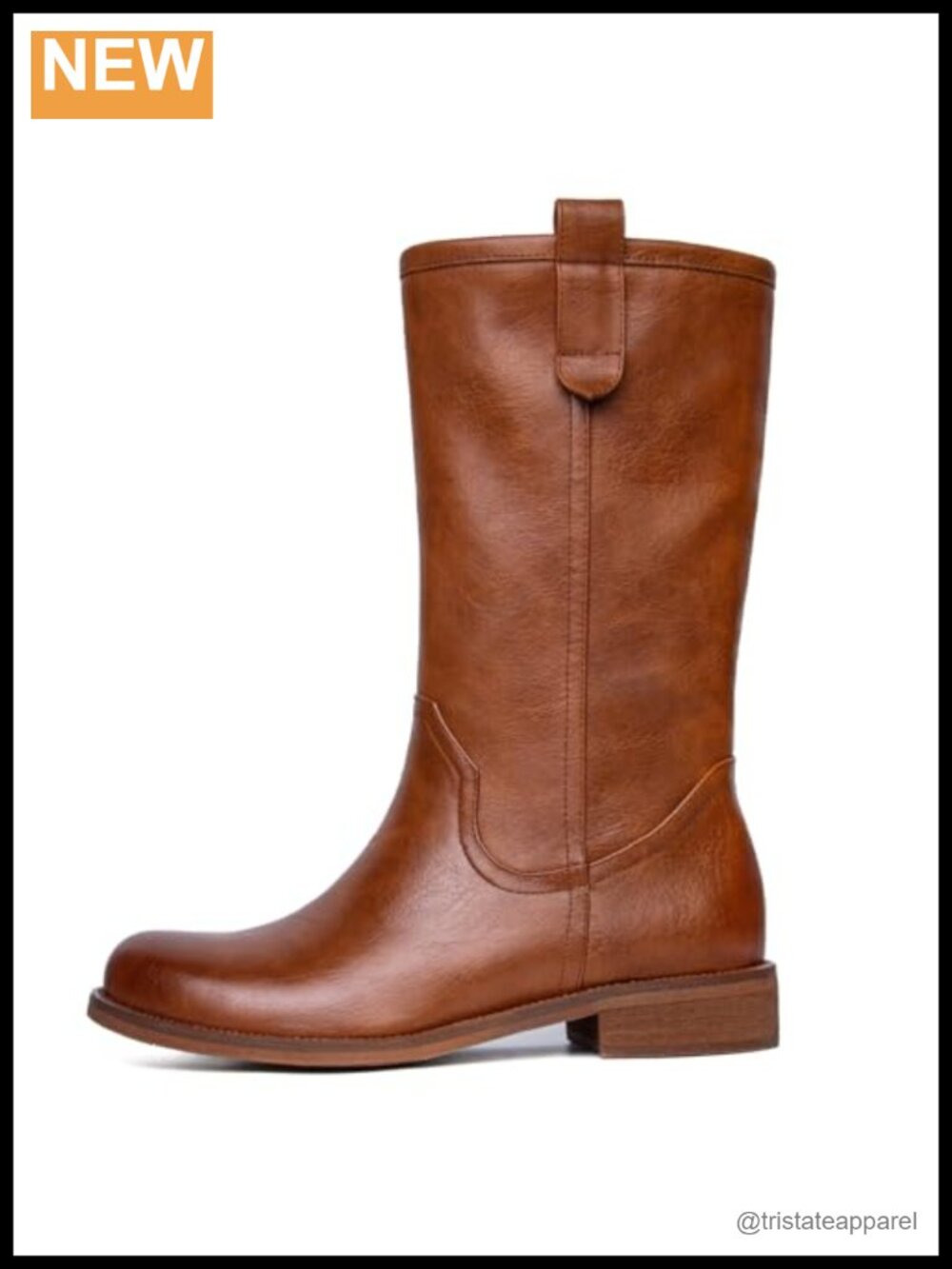 Women's Mid Calf Pull On Boots Chunky Block Low Heel Round Toe Faux Leather